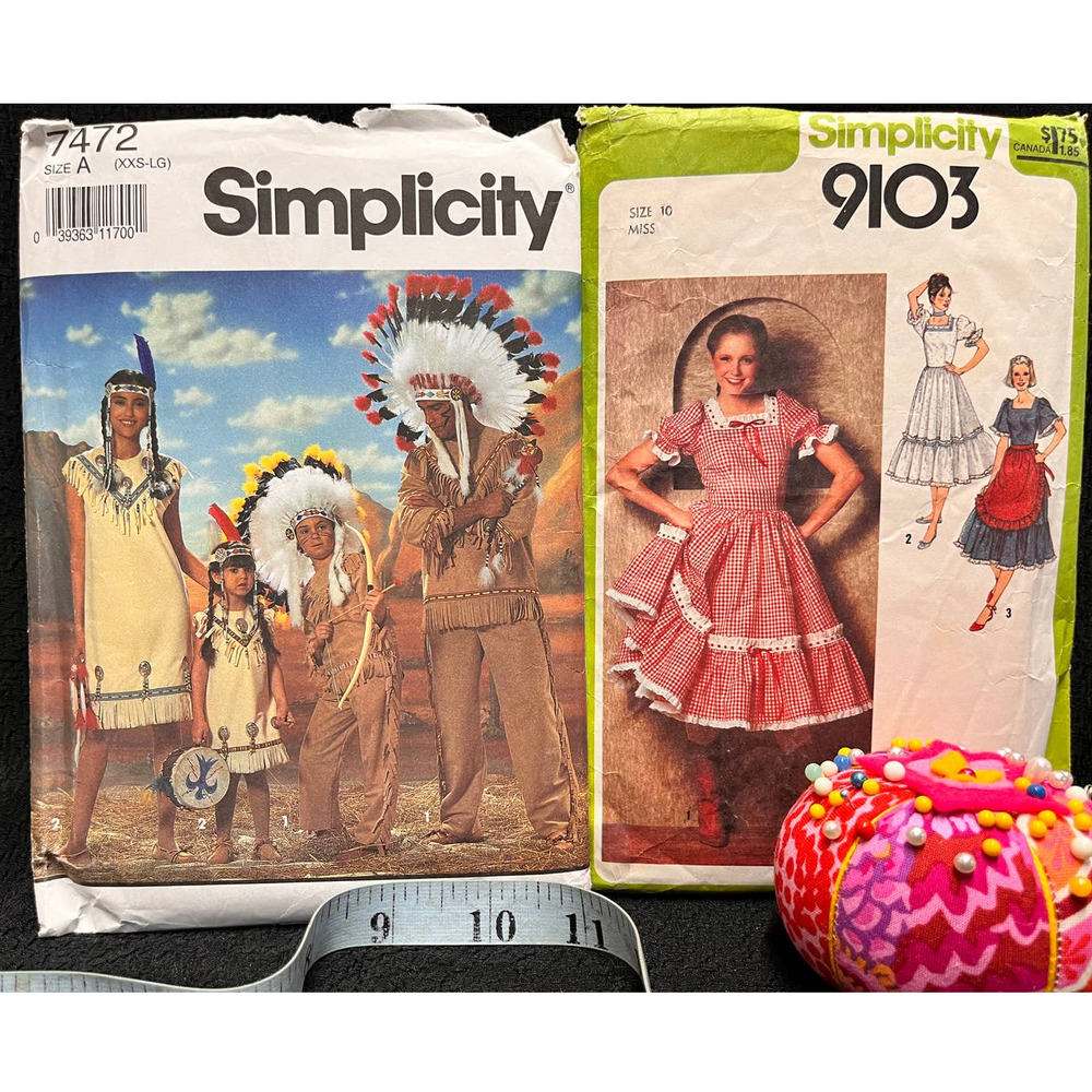 Simplicity 7472,9103 Native American Head Dress, Western Ware Dress XXS-LG